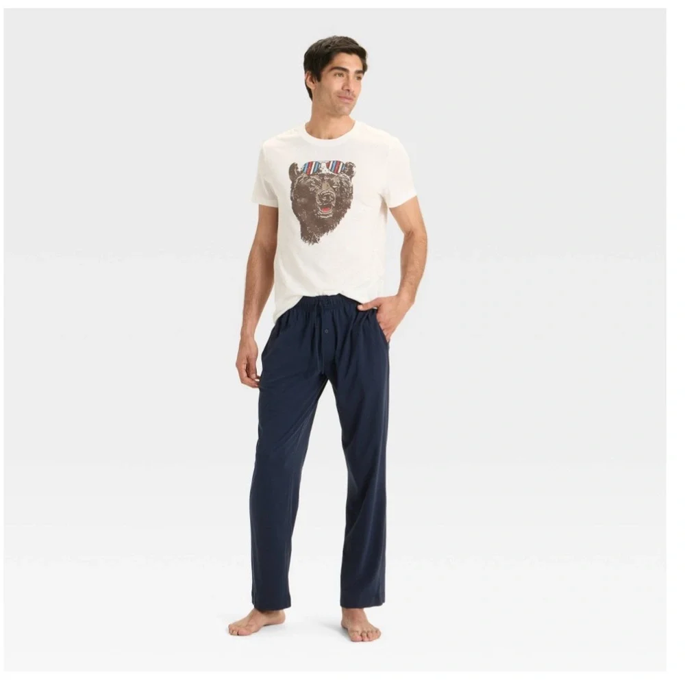 Goodfellow & Co Cream Bear Graphic 2 Piece Pajama Set T-Shirt and Navy Pants - Picture 1 of 3